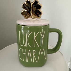 Rae Dunn Green “Lucky Charm” Mug with Gold Clover Lid